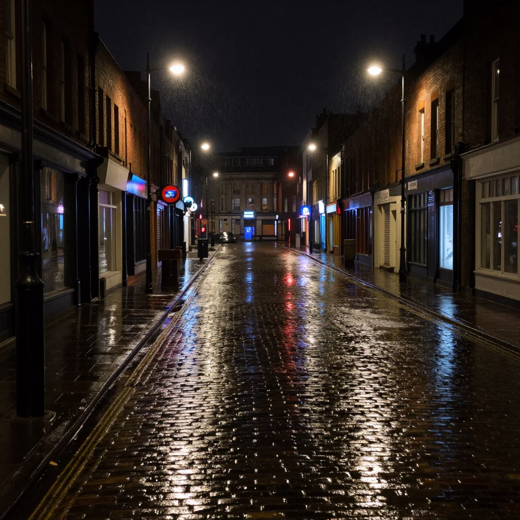 Slicked Street in Liverpool at Deep In The Night Light in in Liverpool, United Kingdom