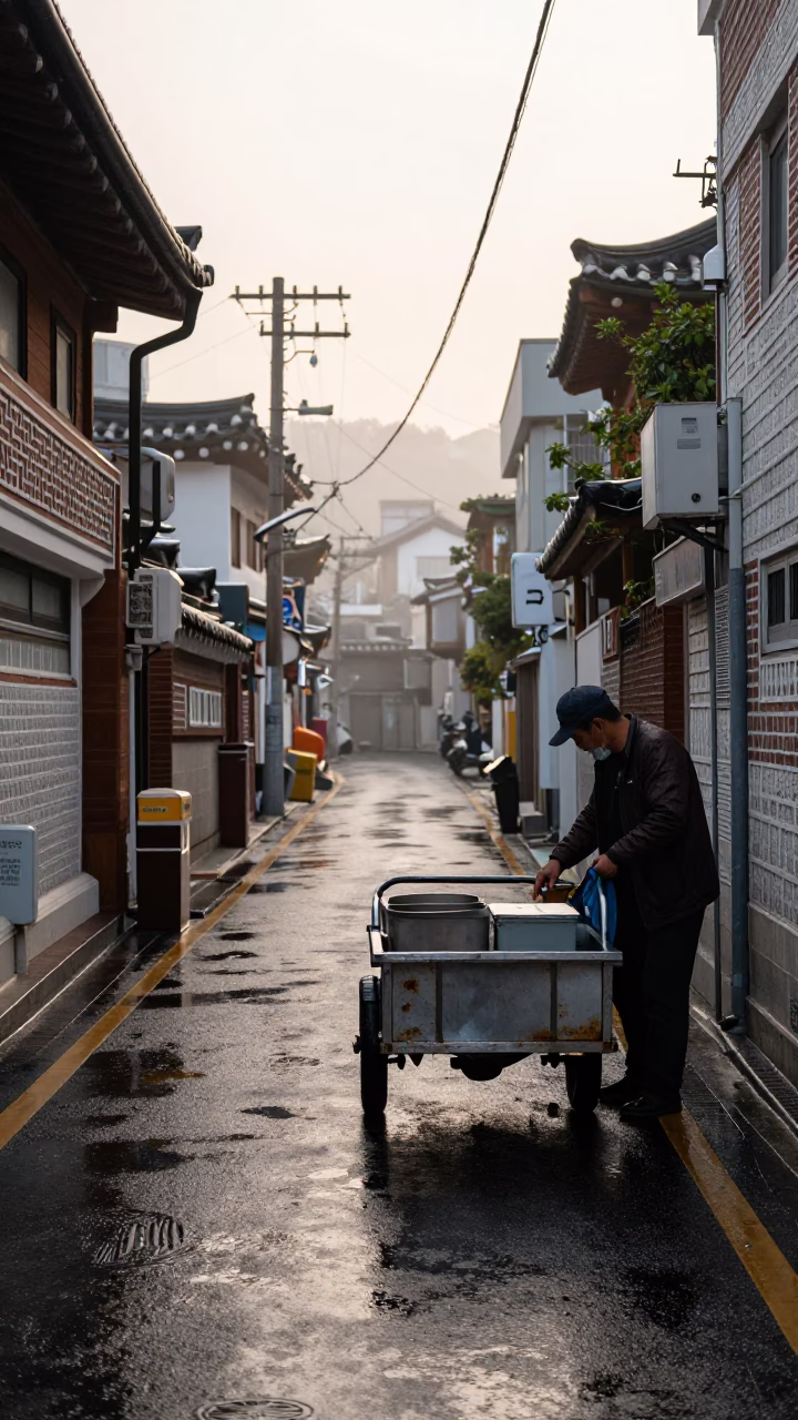 Slicked Street in Seoul at First Light in in Seoul, South Korea
