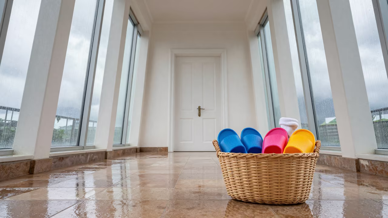 Slippers Basket in Haikou Atrium After Rain in inside a vaulted atrium in Haikou