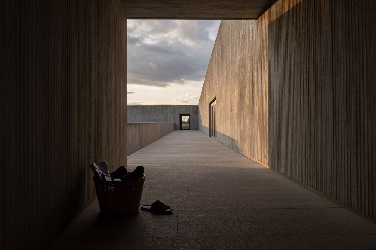 Slippers Basket Silhouette in Concrete Lobby in inside a ribbed concrete lobby in Dusseldorf