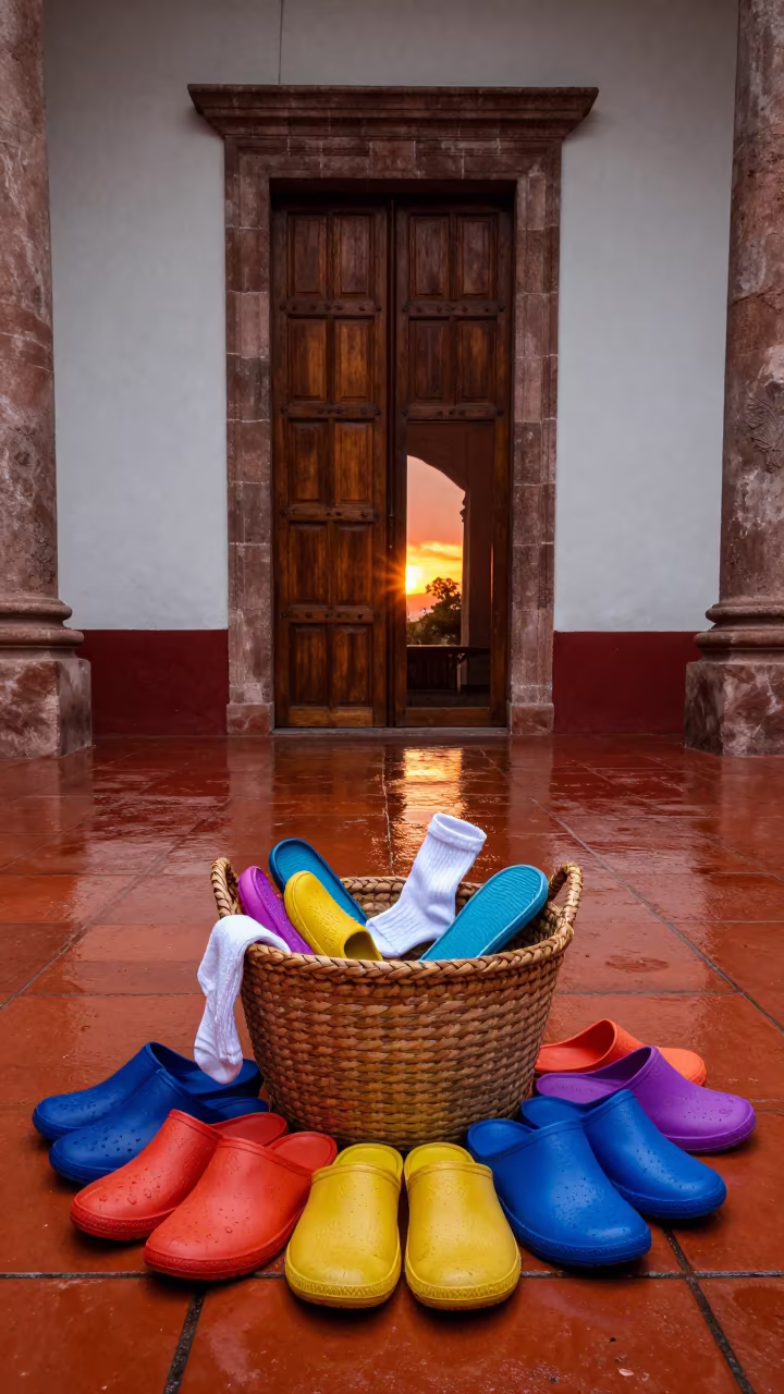 Colorful Slippers Basket at Sunset Puebla Door in inside a vaulted atrium in Puebla