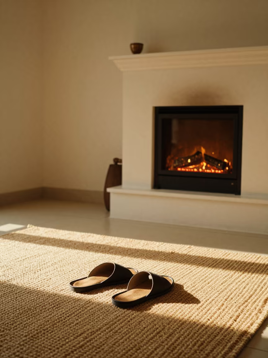 Slippers on Braided Rug by Dawn Fireplace in in a sunlit living room in Banani, Dhaka