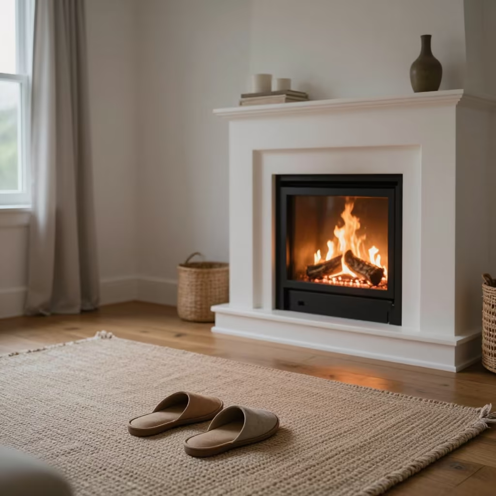 Slippers on Braided Rug by Fireplace in in a sunlit living room in Christchurch