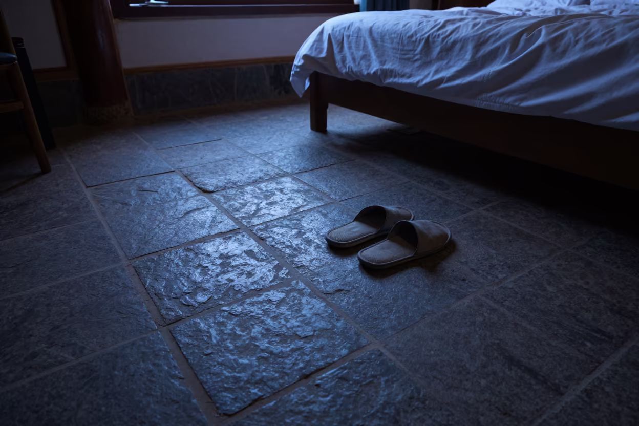 Slippers on Flagstone Hallway Lijiang Bedroom in in a candlelit bedroom near Lijiang