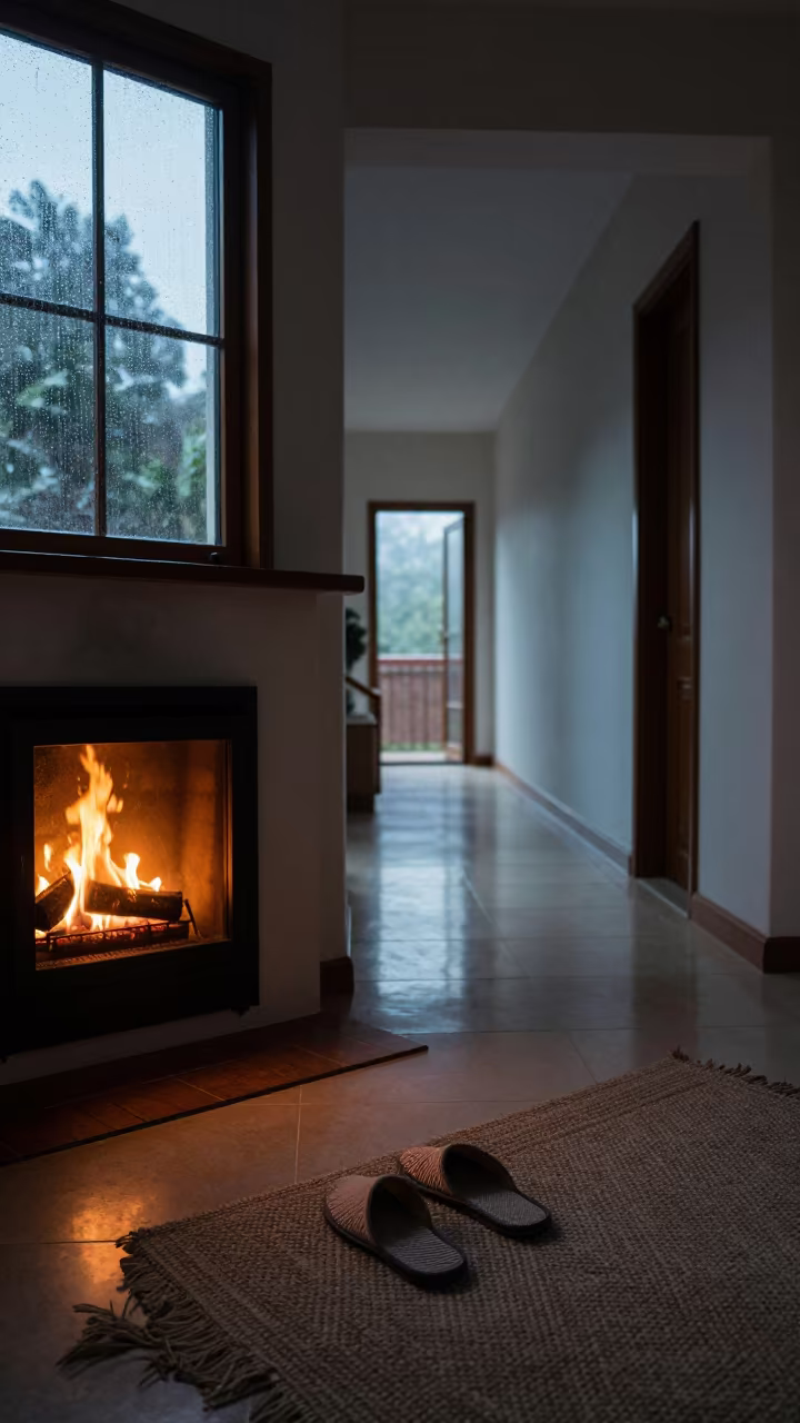 Slippers on Braided Rug Before Dawn in Delhi in beside a rain-streaked window in Delhi