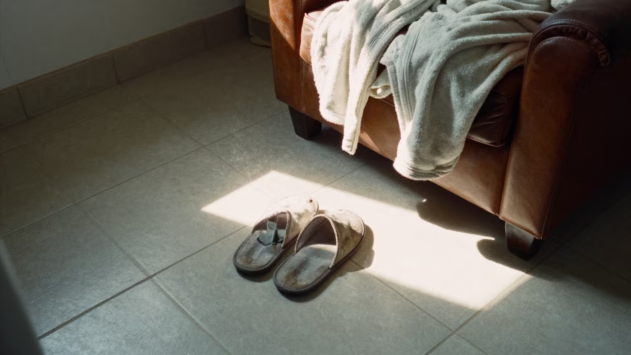 Slippers and Robe on Tiled Floor at Dawn in on a worn leather armchair near Turkistan