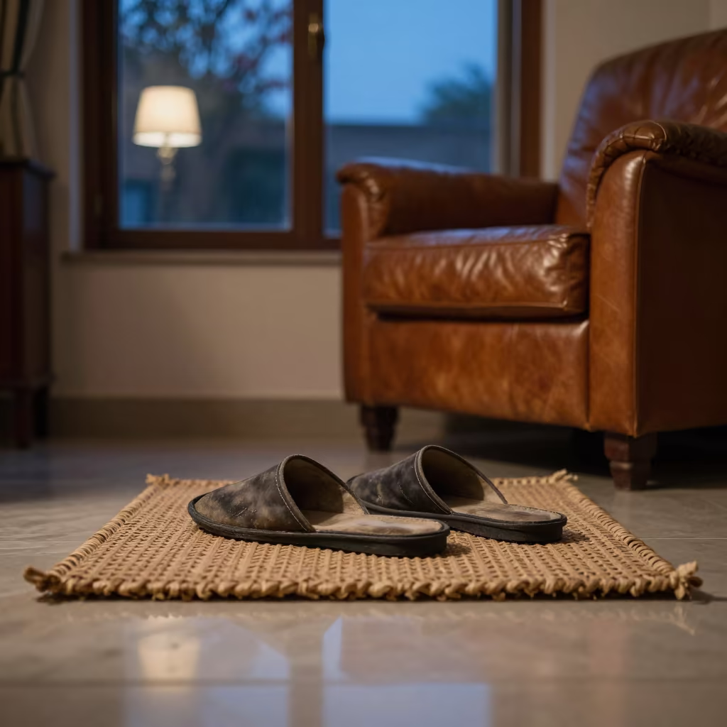 Slippers Warming on Hearth Mat in Rawalpindi Room in on a worn leather armchair near Rawalpindi