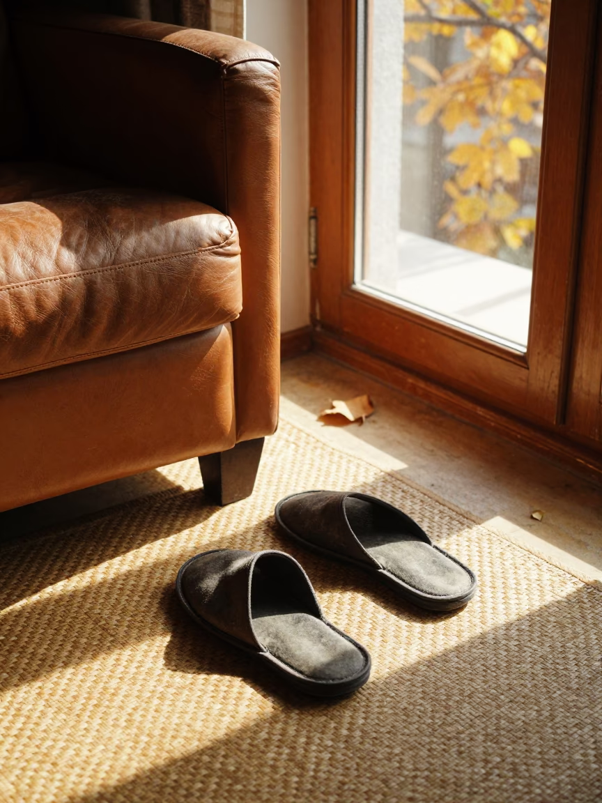 Slippers Warming on Leather Armchair in Edirne in on a worn leather armchair near Edirne