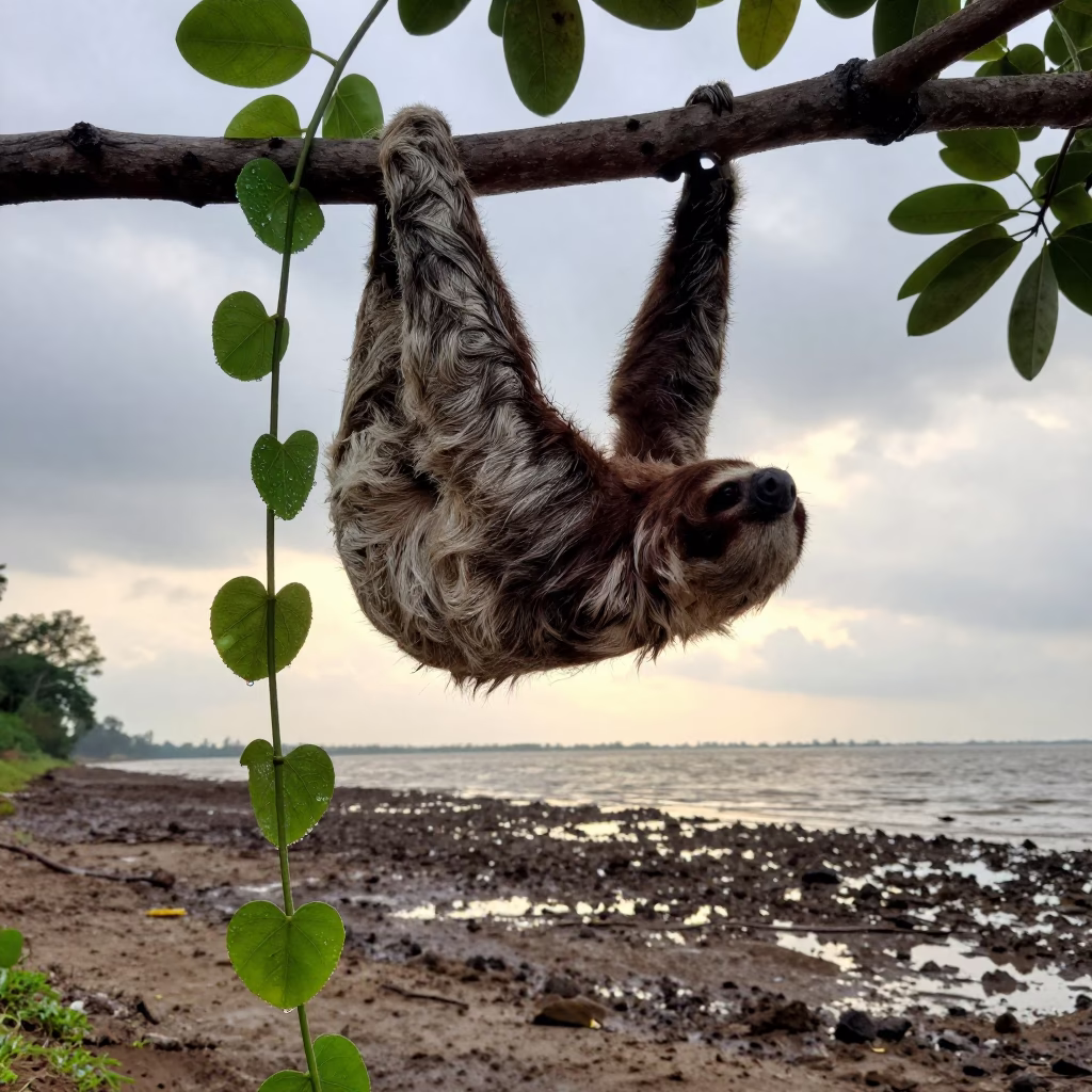 Sloth Hanging Branch Tidal Inlet Khartoum Wet Season in beside a tidal inlet near Khartoum