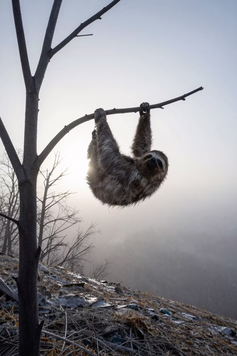 Sloth Silhouetted Against Winter Dawn Light in on a wind-scoured ridge near Samara