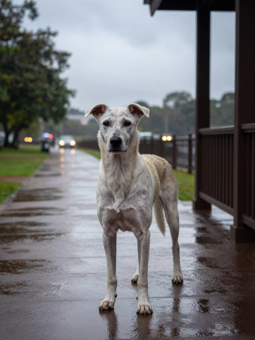 Sloughi Dog on Shaded Porch in Tonalá Monsoon in along a quiet park path with soft open shade and a clean background in Tonalá