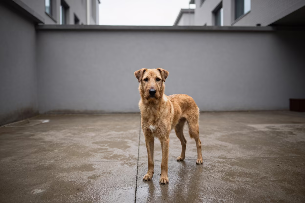 Sloughi Dog on Shaded Porch in Zhengzhou Courtyard in beside a plain courtyard wall in clear daylight with the animal at eye level in Zhengzhou