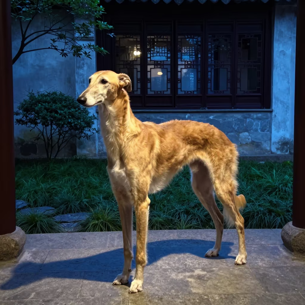 Sloughi Dog on Suzhou Porch in Twilight in in a small yard with clipped grass, calm light, and the animal centered in frame in Suzhou