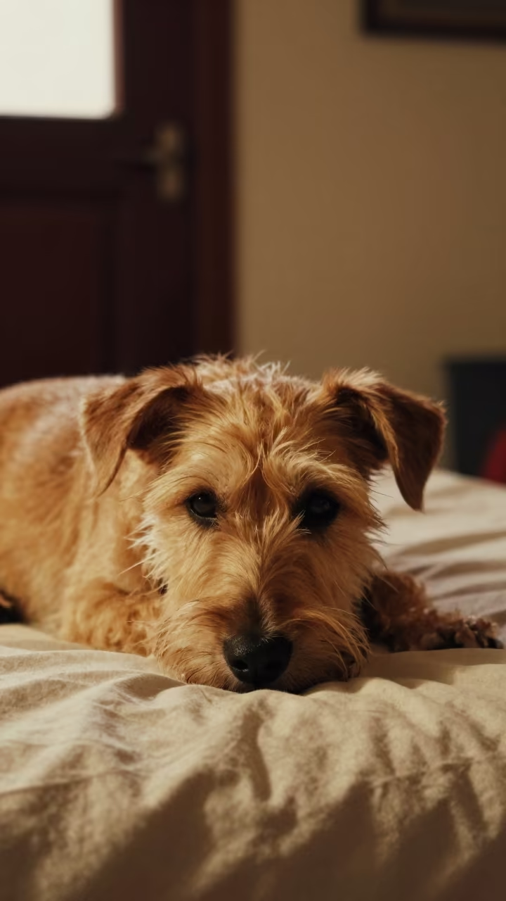 Sloughi Dog Resting on Bedspread Near Window in on a bedspread near a bright window with calm indoor light near Pune