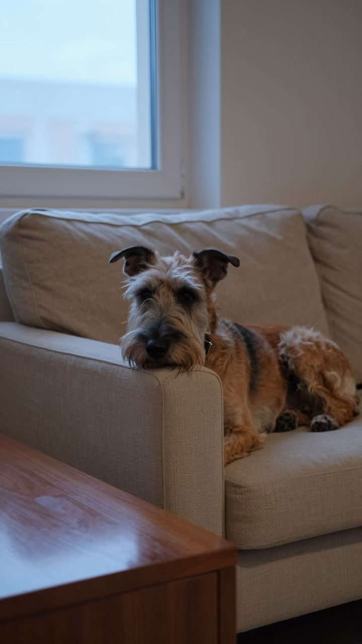 Sloughi Dog Resting on Linen Sofa in on a linen sofa with daylight from a nearby window near Erbil