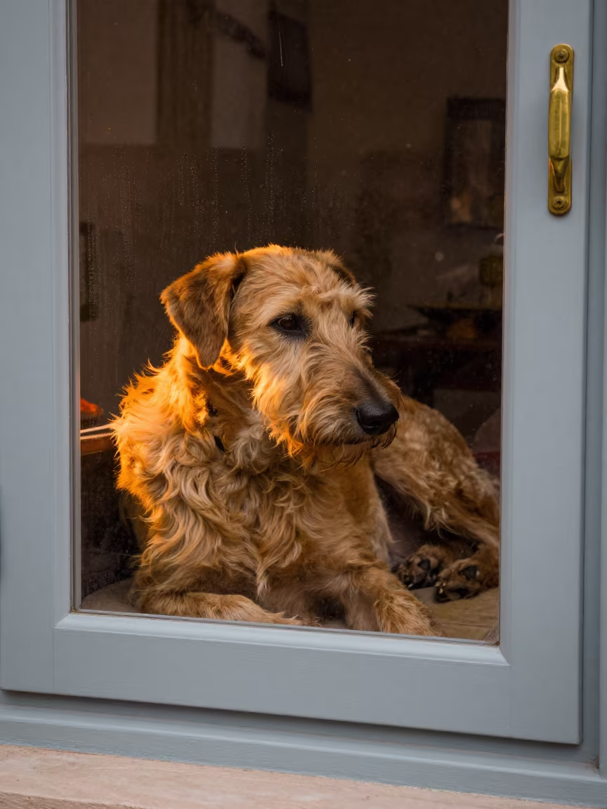 Sloughi Dog Resting on Window Seat at Dawn in on a window seat in a quiet apartment with soft side light in Hurghada