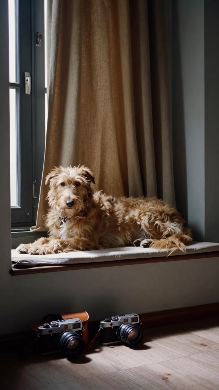 Sloughi Dog Resting on Window Seat at Midnight in on a window seat in a quiet apartment with soft side light in Gwalior