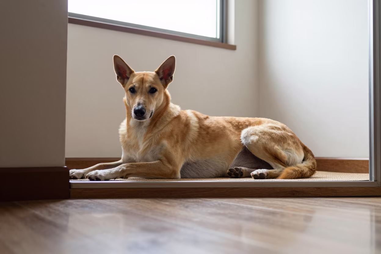 Sloughi Dog Resting on Window Seat in Honiara in on a window seat in a quiet apartment with soft side light in Honiara