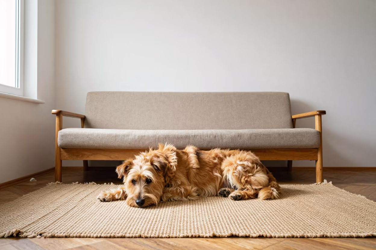 Sloughi Dog Resting on Woven Rug in Rio Home in on a woven rug beside a low couch and an uncluttered wall in Ipanema, Rio de Janeiro
