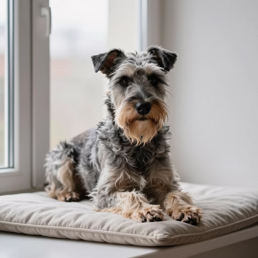 Sloughi Portrait on Window Seat in Liège in on a cushioned window seat with soft side light and an uncluttered background in Liège