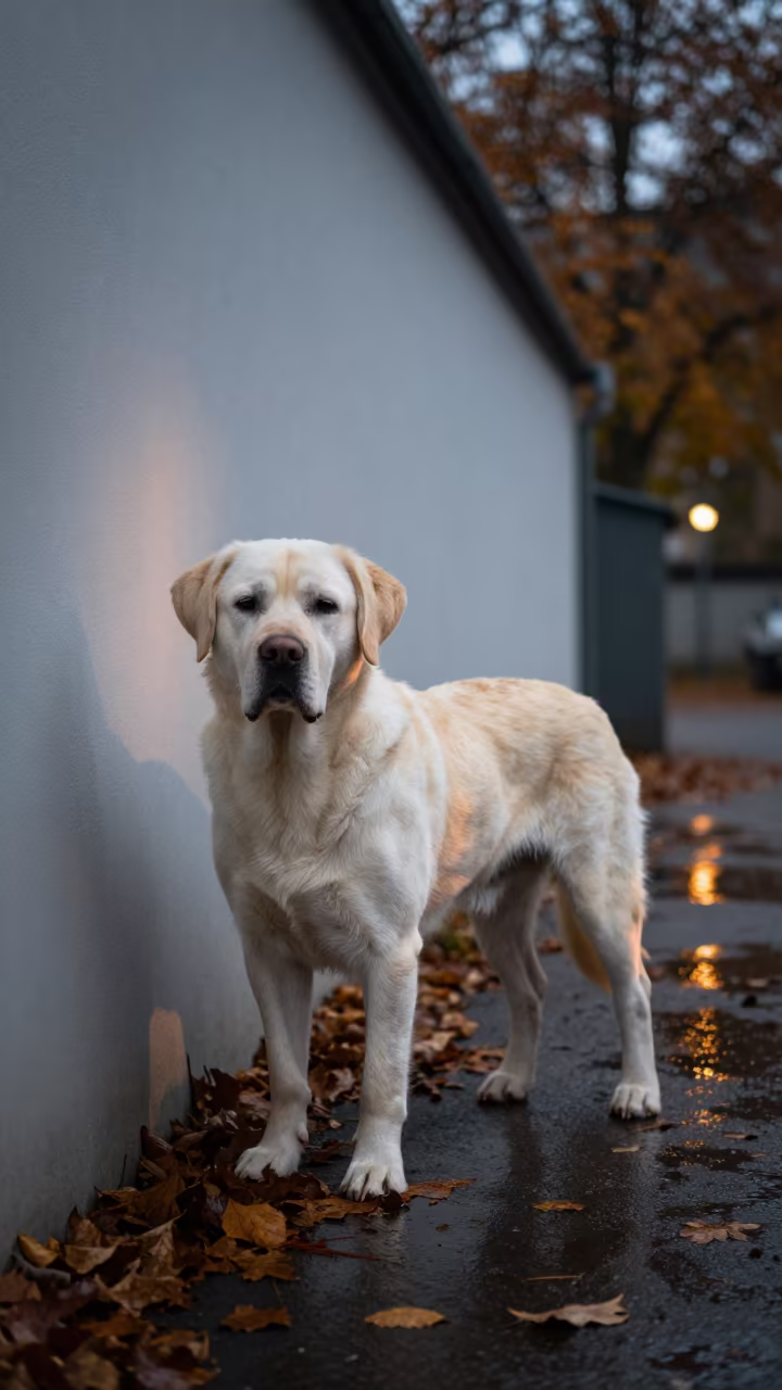 Slovak Cuvac Beside Courtyard Wall Late Autumn in beside a plain courtyard wall in clear daylight with the animal at eye level near Essen