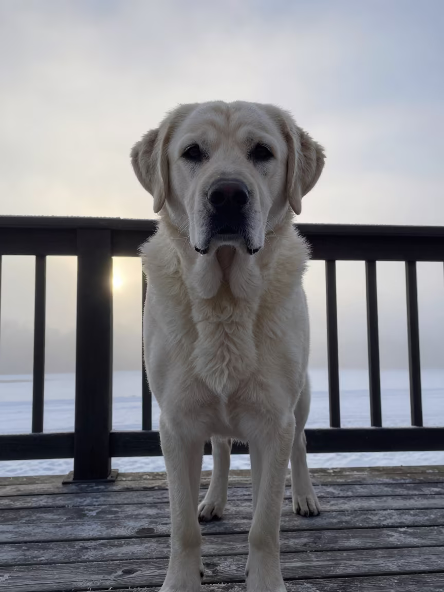Slovak Cuvac on Buffalo Porch in Winter Dawn in on a shaded front porch with boards, railings, and eye-level framing in Buffalo