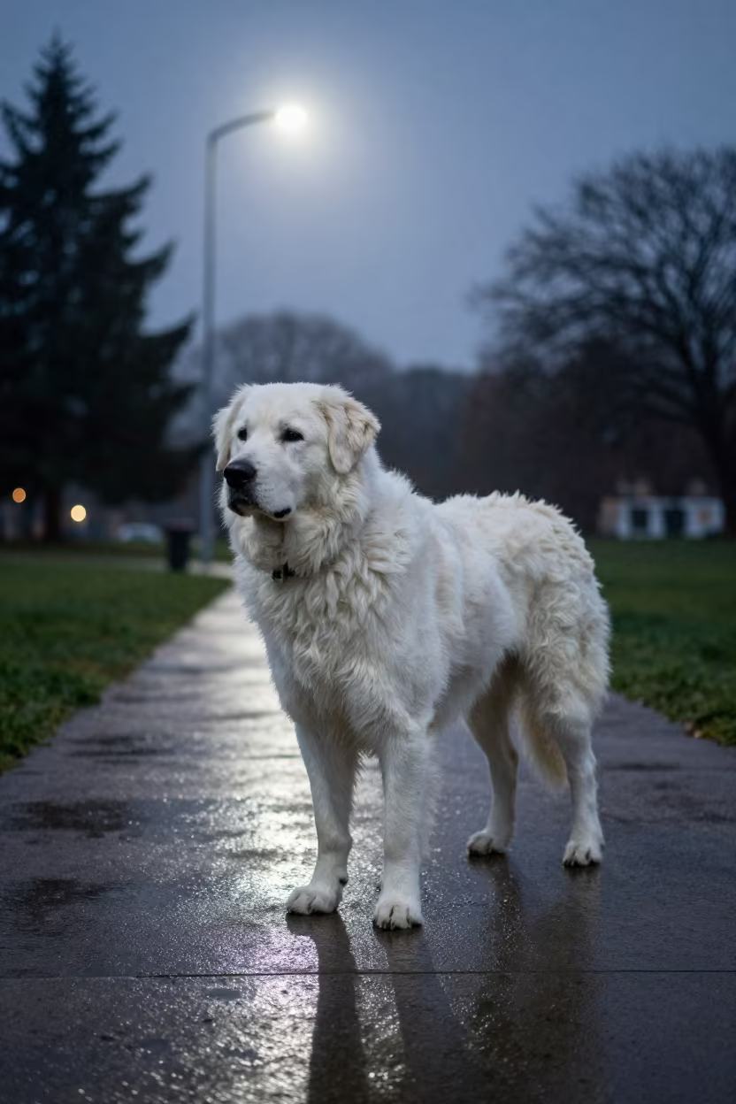 Slovak Cuvac on Park Path at Night in along a quiet park path with soft open shade and a clean background in San Salvador
