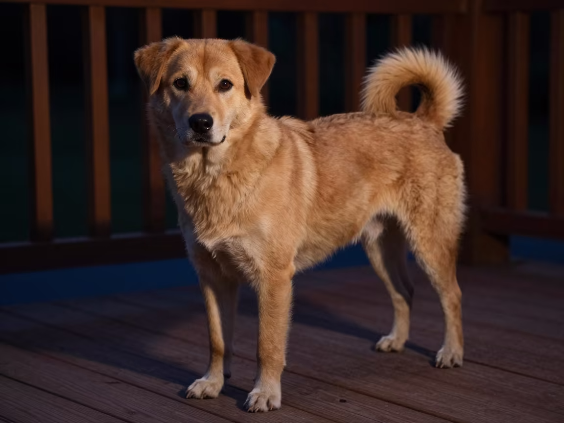 Slovak Cuvac on Xian Porch Night Rim Light in on a shaded front porch with boards, railings, and eye-level framing in Xian