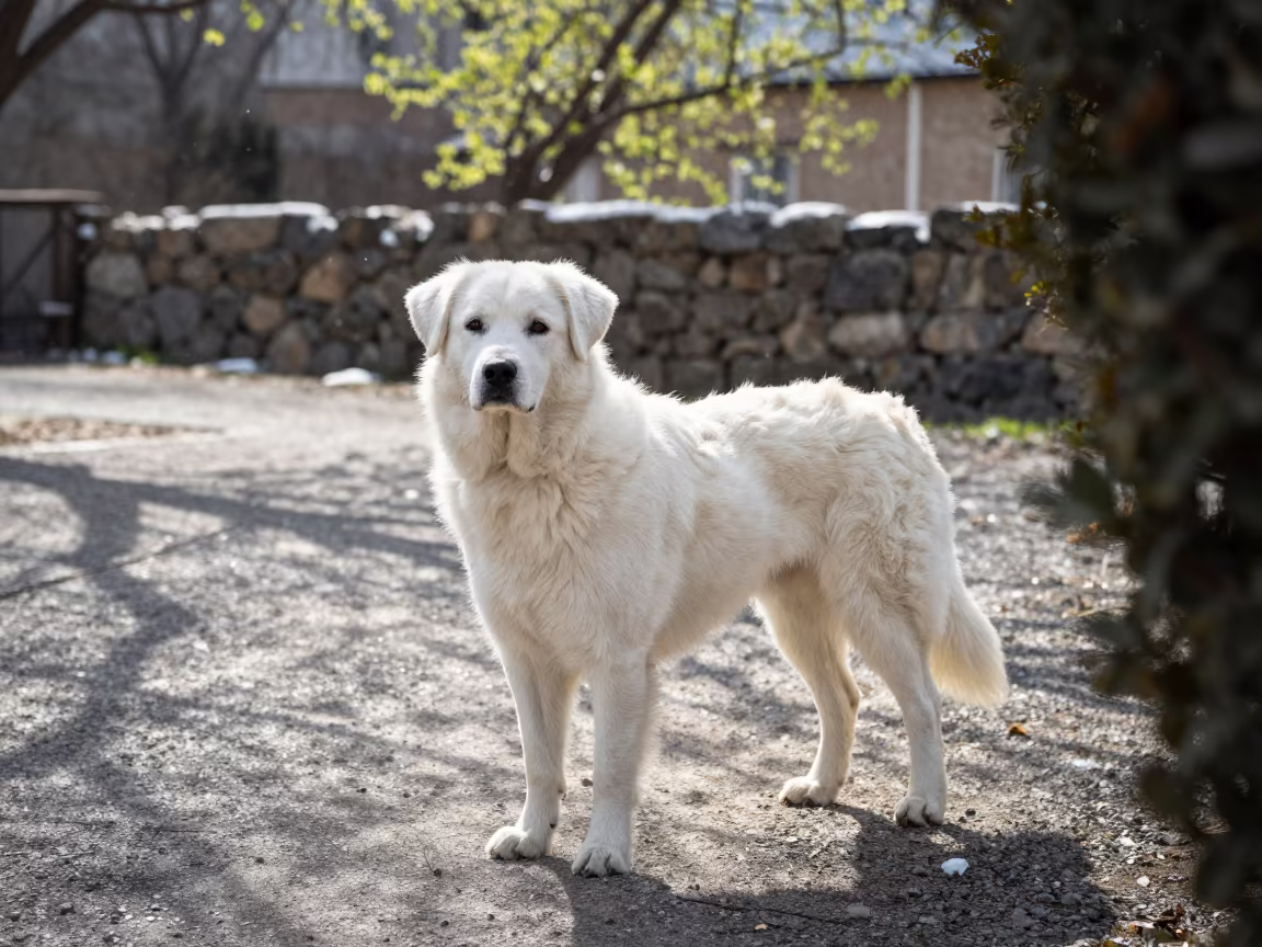 Slovak Cuvac Portrait in Late Spring Garden Light in near a garden edge with soft morning light and an uncluttered background near Ramadi