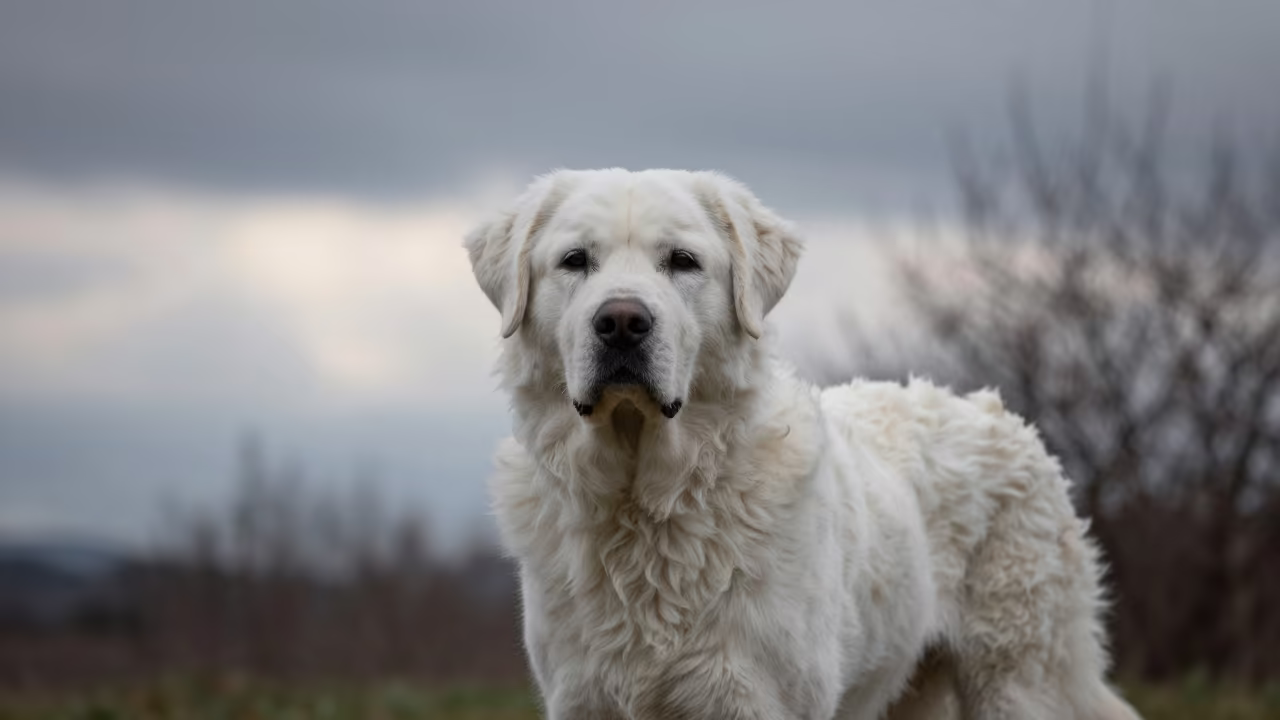 Slovak Cuvac Portrait in Winter Garden Light in near a garden edge with soft morning light and an uncluttered background in Okayama
