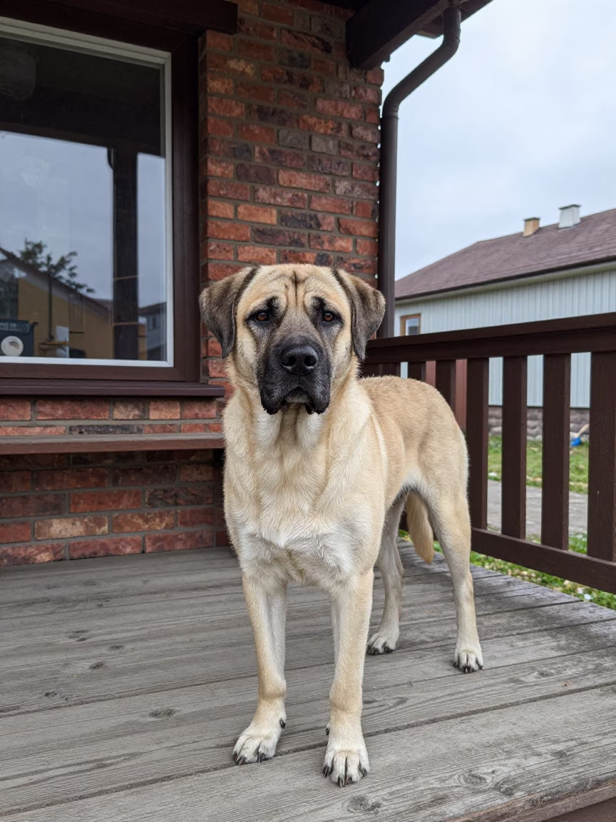 Slovak Cuvac Portrait on Białystok Porch in on a shaded front porch with boards, railings, and eye-level framing in Białystok
