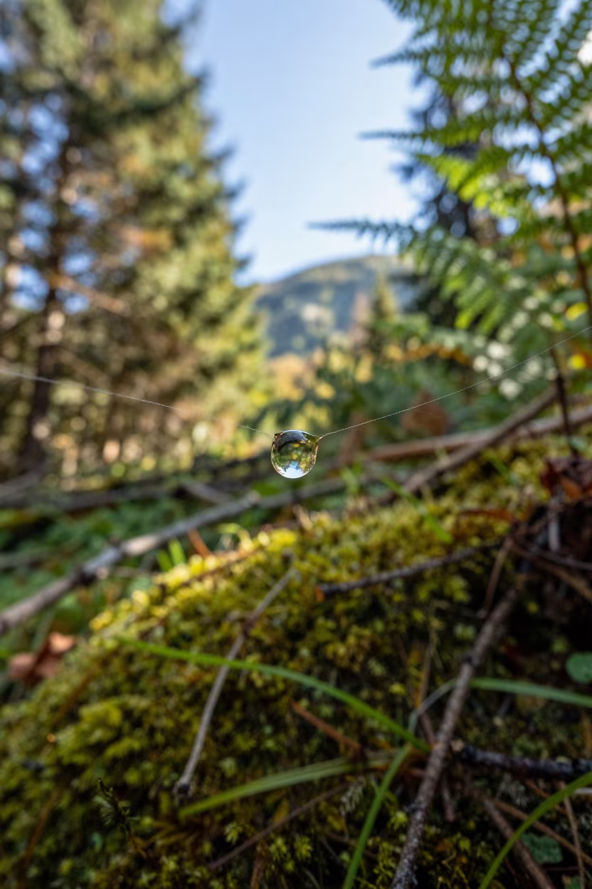 Slovak Mountain Water Droplet on Spider Silk in in Slovakia