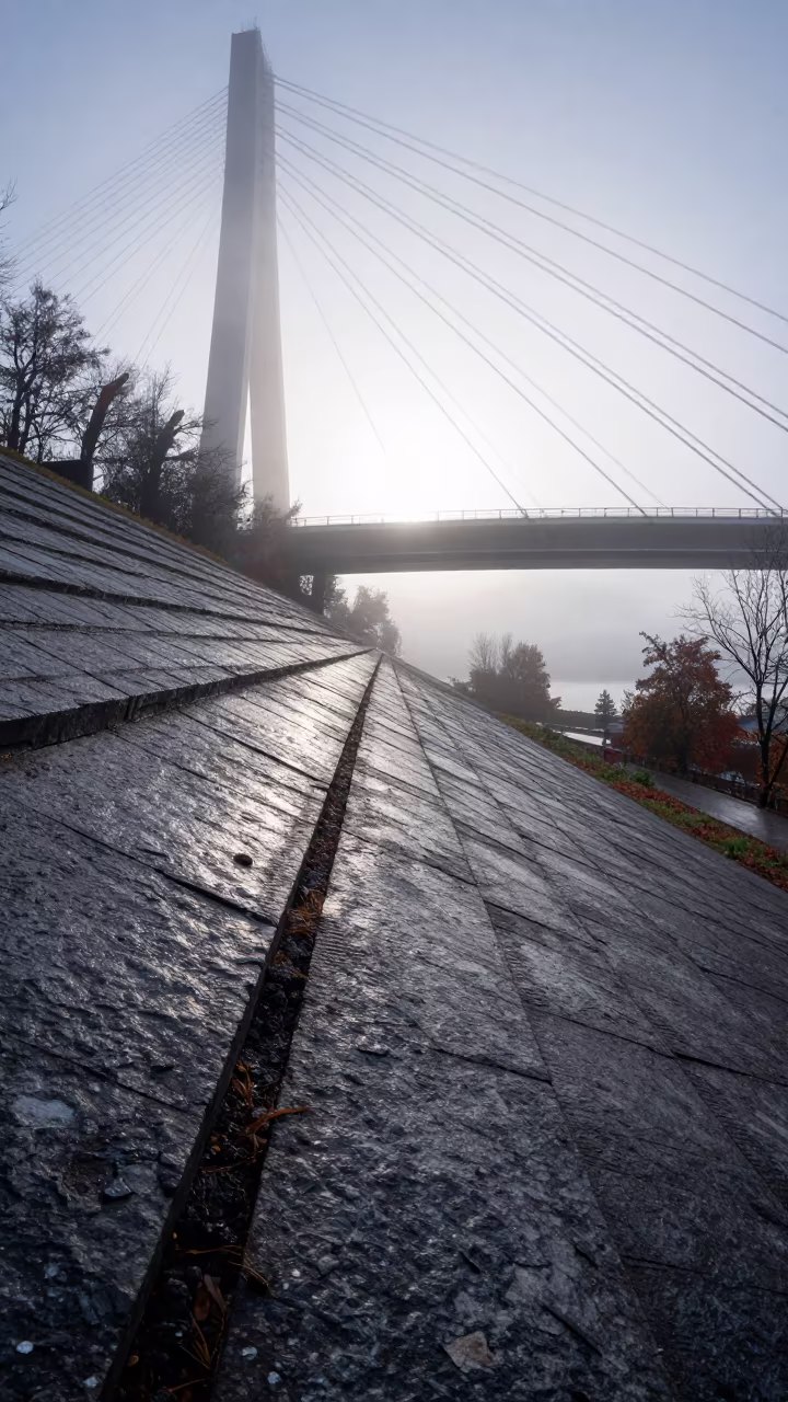 Slovak Riprap Levee Under Dawn Bridge Mist in under a cable-stayed bridge span in Slovakia