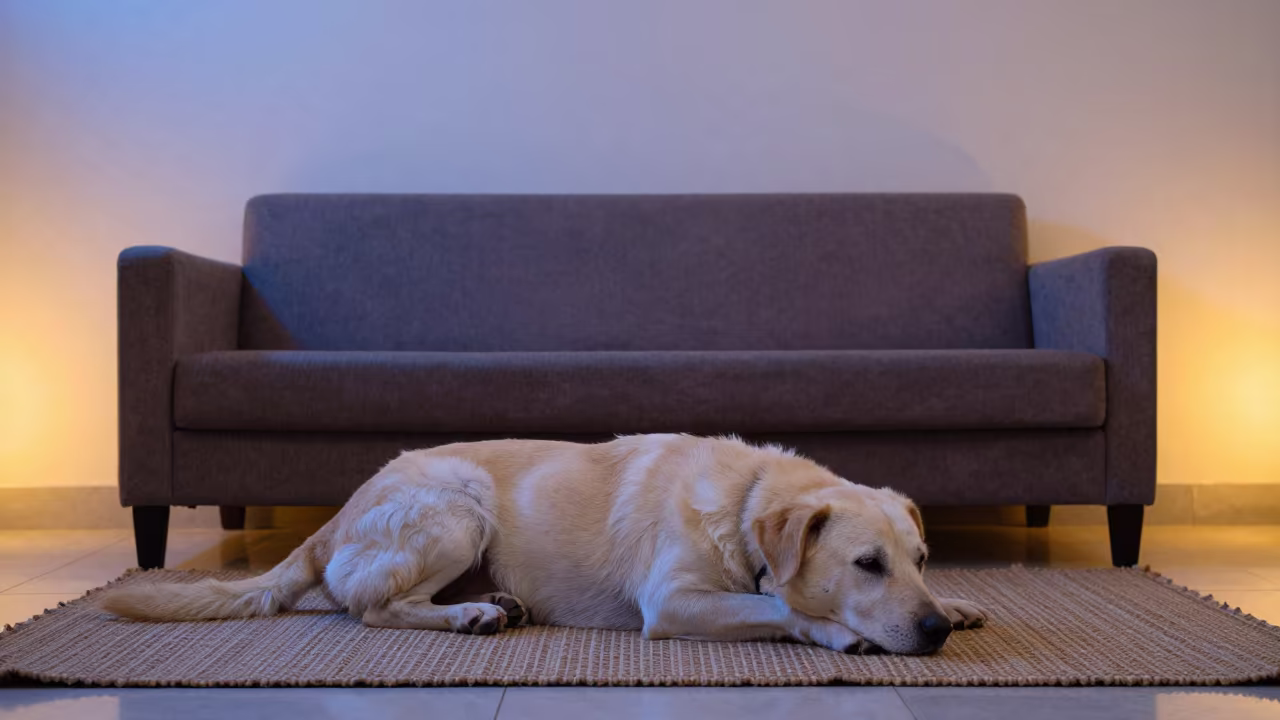 Slovakian Kopov Dog Resting on Rug in Basra Home in on a woven rug beside a low couch and an uncluttered wall in Basra