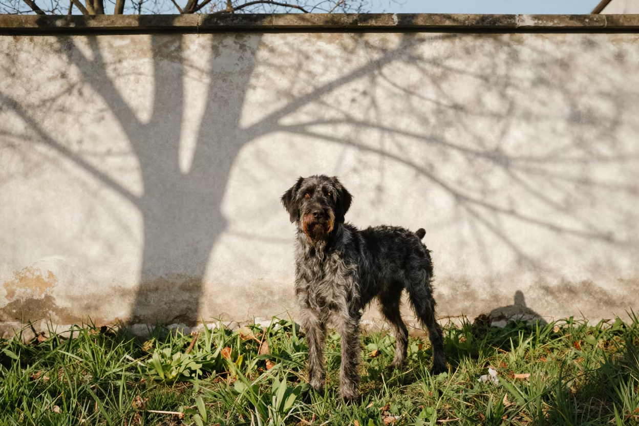 Slovakian Wirehaired Pointer in Courtyard Dappled Light in beside a plain courtyard wall in clear daylight with the animal at eye level near Wolverhampton