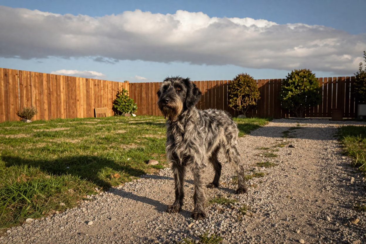 Slovakian Wirehaired Pointer on Quiet Path in in a small yard with clipped grass, calm light, and the animal centered in frame near Muş