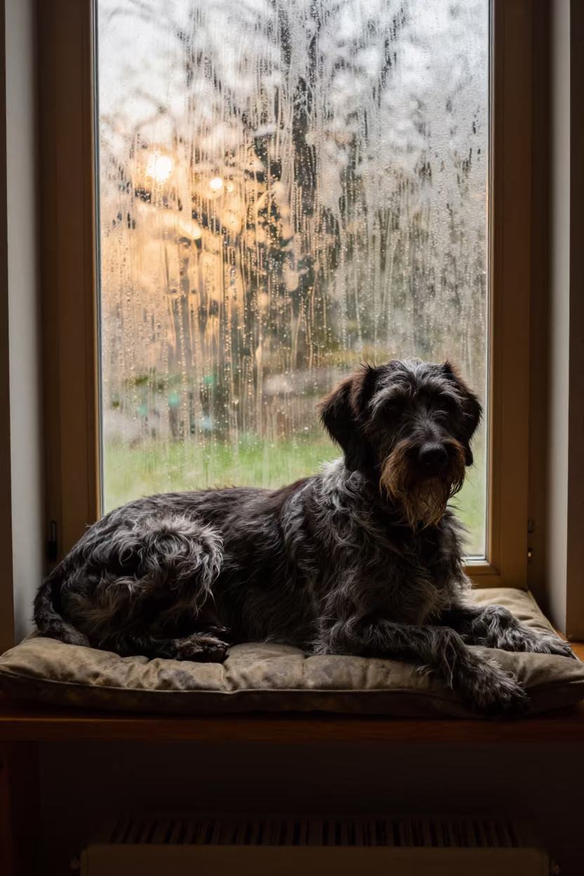 Slovakian Wirehaired Pointer on Window Seat in on a window seat in a quiet apartment with soft side light in Bouaflé