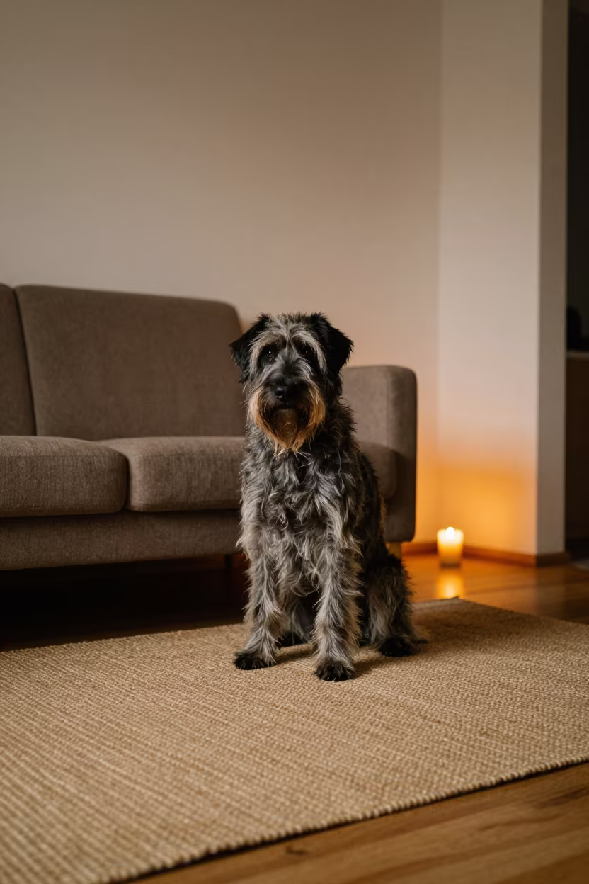 Slovakian Wirehaired Pointer Resting on Woven Rug in on a woven rug beside a low couch and an uncluttered wall in London