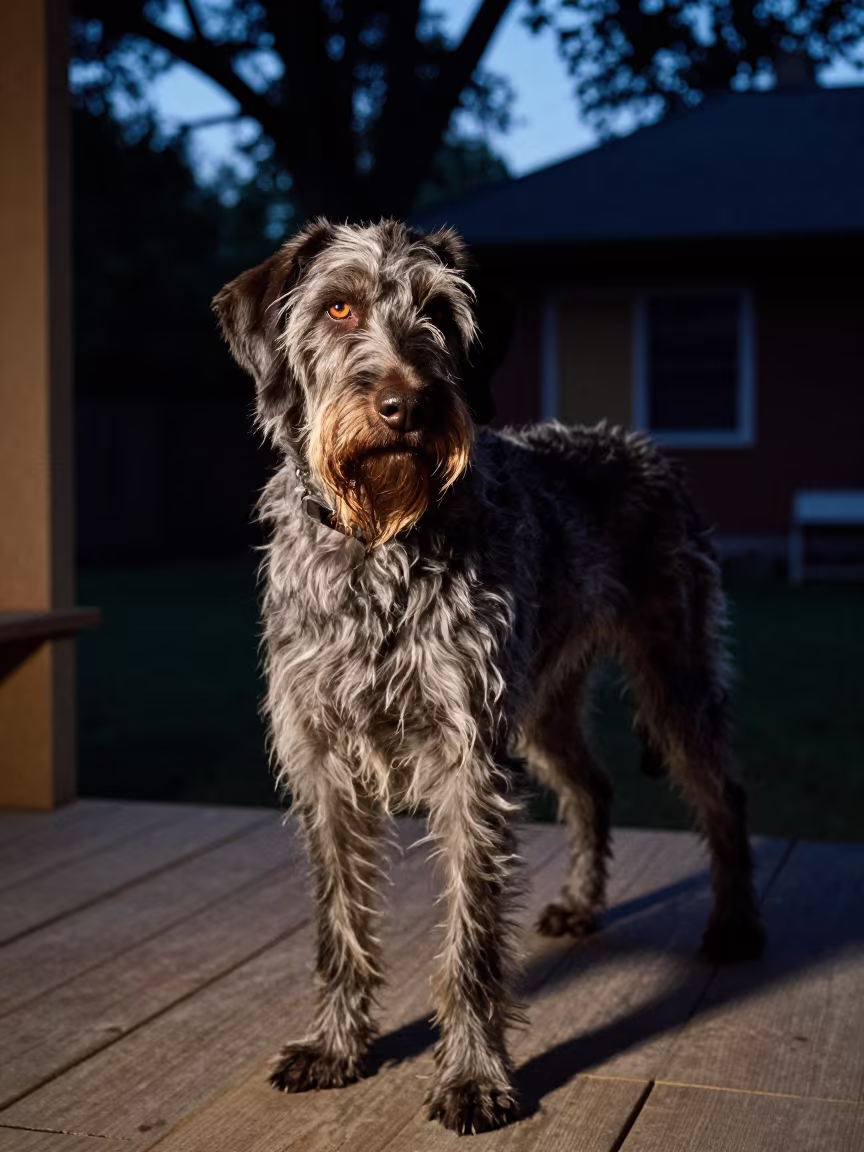 Slovakian Wirehaired Pointer Twilight Porch Bogura in on a shaded front porch with boards, railings, and eye-level framing near Bogura