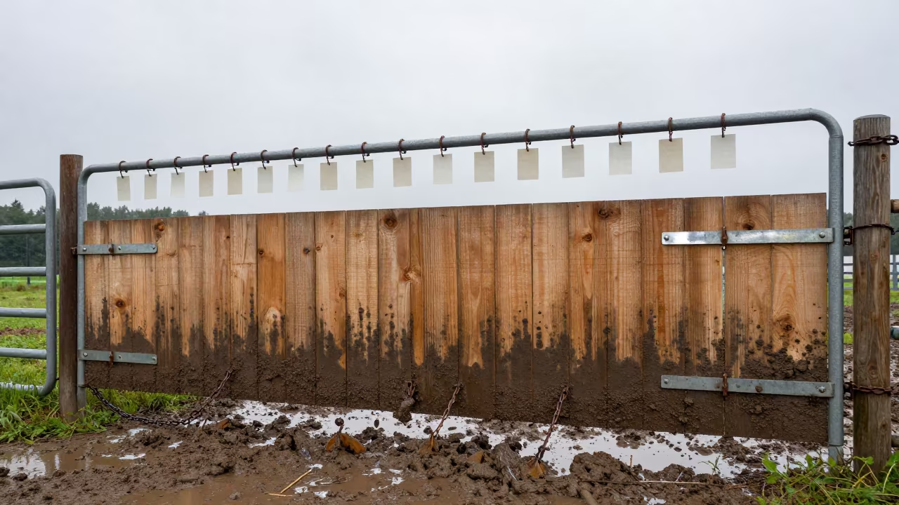 Slovenian Cattle Pen After Rain in beside a pasture gate in Slovenia
