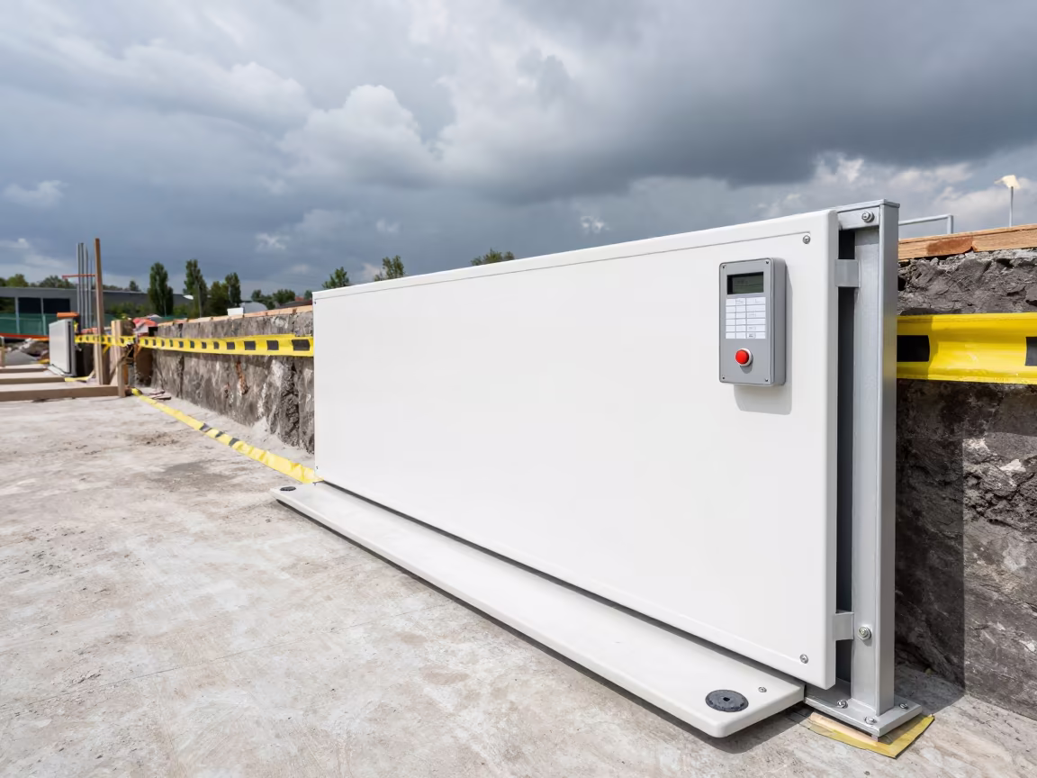 Slovenian Construction Elevator Gate with Wheel Marks in inside a taped-off excavation edge in Slovenia