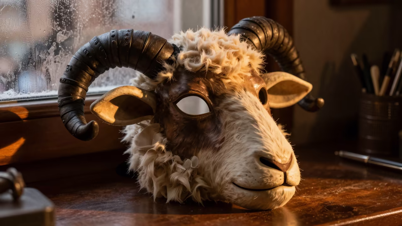 Slovenian Kurent Mask on Desk in Winter Sunset in on a writing desk in São Paulo