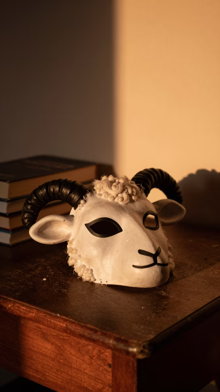 Slovenian Kurent Mask on Library Table in on a dusty library table in São Paulo
