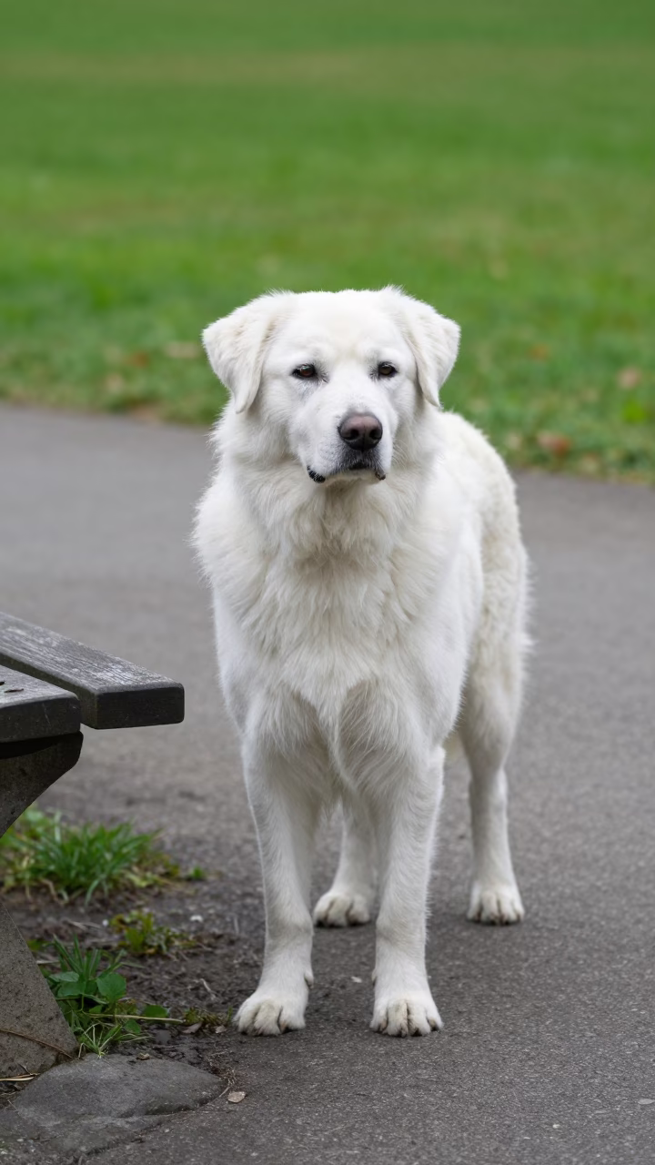 Slovensky Cuvac on Oviedo Park Path in along a quiet park path with soft open shade and a clean background in Oviedo