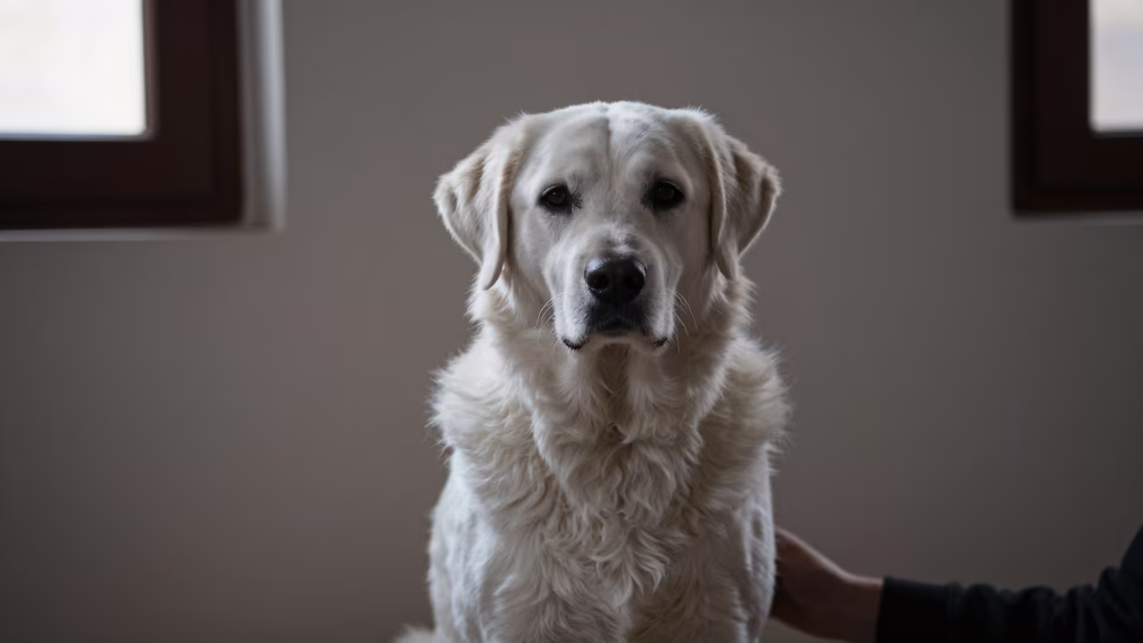 Slovensky Cuvac Portrait in Fez Window Light in beside a plain plaster wall in soft indoor light with the animal centered in frame in Fez