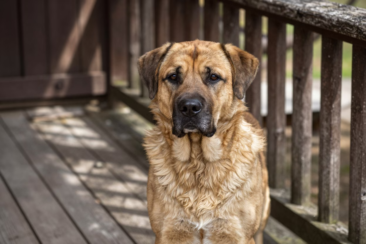 Slovensky Cuvac Portrait on Shaded Belgrade Porch in on a shaded front porch with boards, railings, and eye-level framing near Belgrade