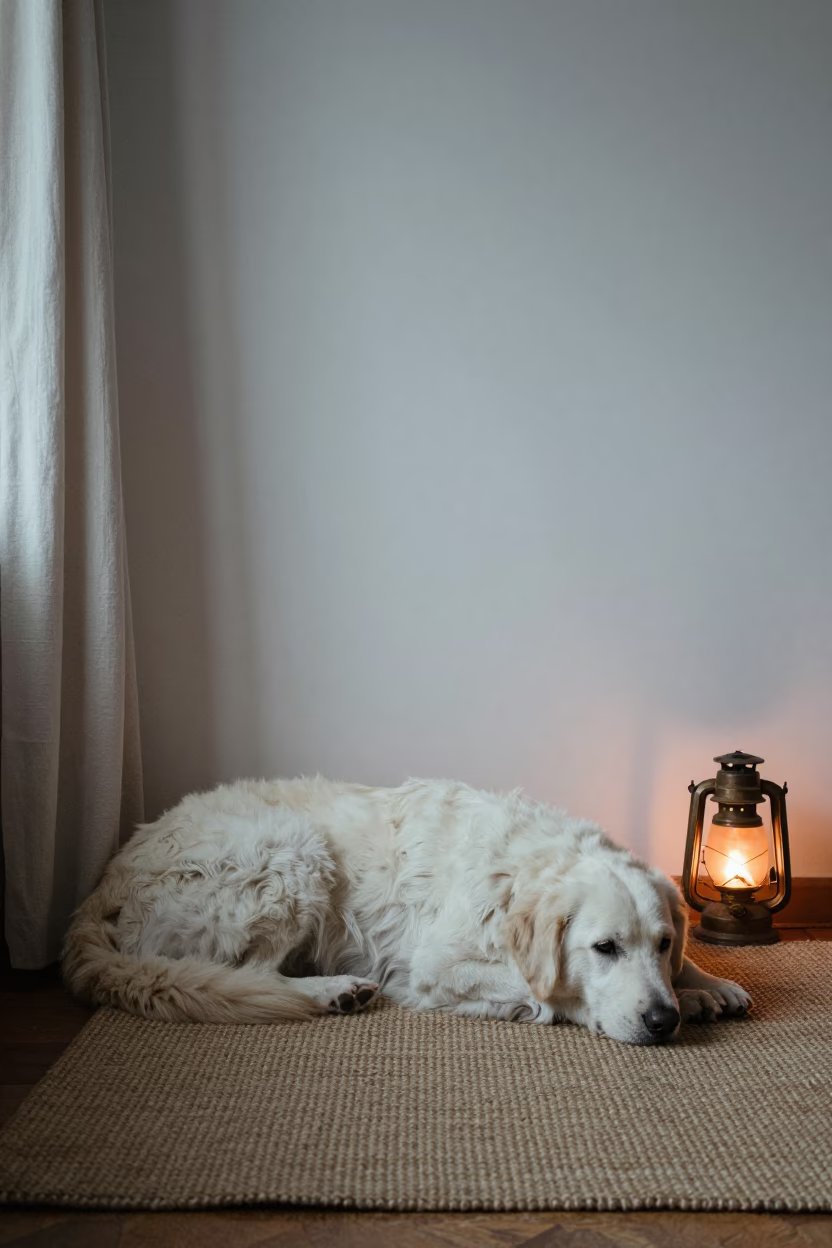 Slovensky Cuvac Resting on Rug in Asmara Home in on a woven rug beside a low couch and an uncluttered wall in Asmara