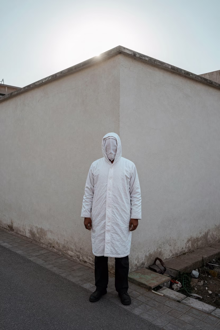 Slovensky Cuvac Standing on Quiet Karachi Path in beside a plain courtyard wall in clear daylight with the animal at eye level in Karachi