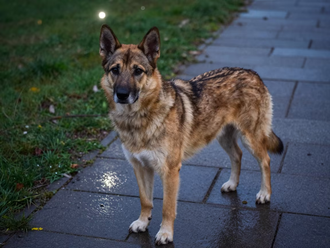 Slovensky Kopov on Shaded Ankara Porch in in a small yard with clipped grass, calm light, and the animal centered in frame in Ankara