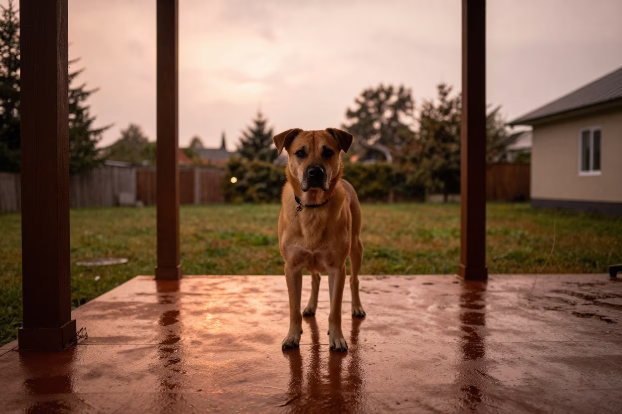 Slovensky Kopov on Shaded Porch in Mabeng in in a small yard with clipped grass, calm light, and the animal centered in frame in Maboneng, Johannesburg